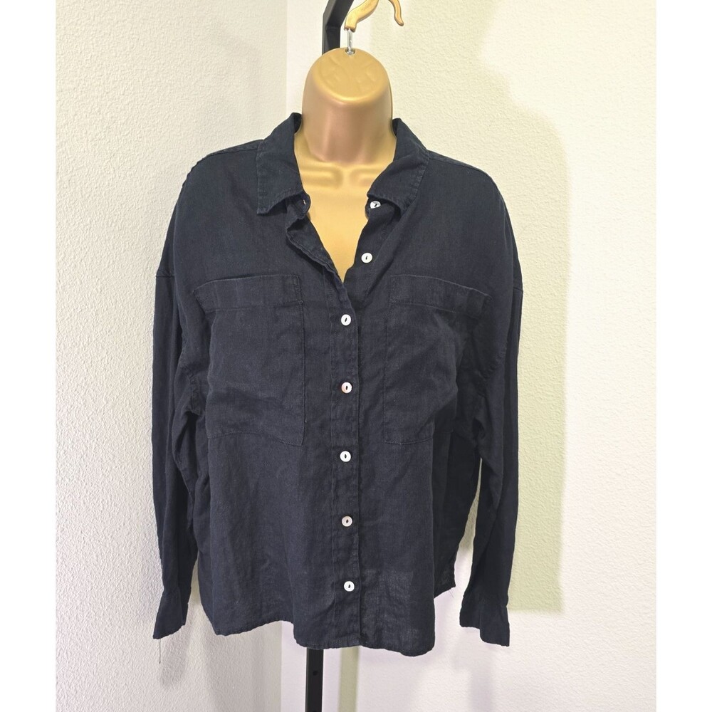 Cynthia Rowley Black Button Linen Long Sleeve Shirt Womens Large Minimal Casual